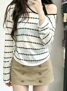 2026超火夏装一整套女韩系松弛感黑白条纹长袖t恤性感短裙两件套