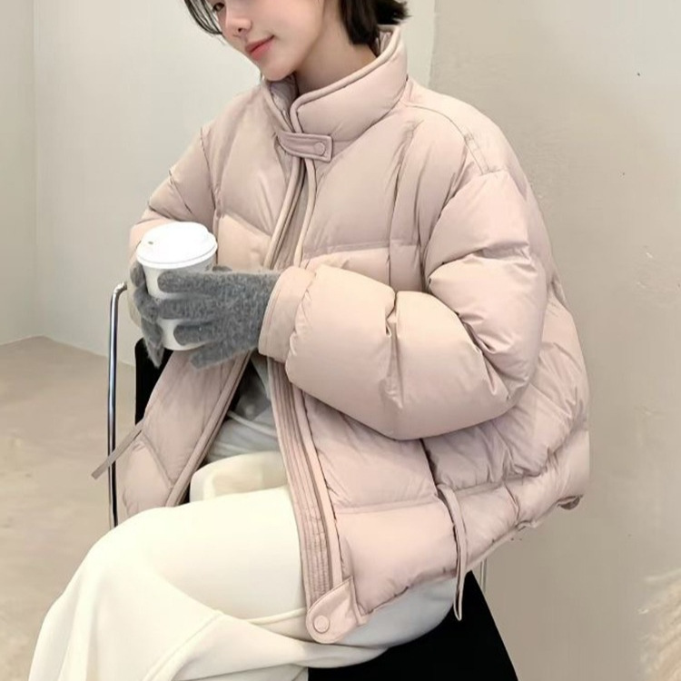 欧洲站2025冬季新款宽松休闲立领白鸭绒粉色羽绒服女短款保暖外套