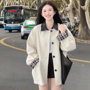 白色短款风衣女士2025新款春秋翻领小个子黑白格子撞色拼接短外套