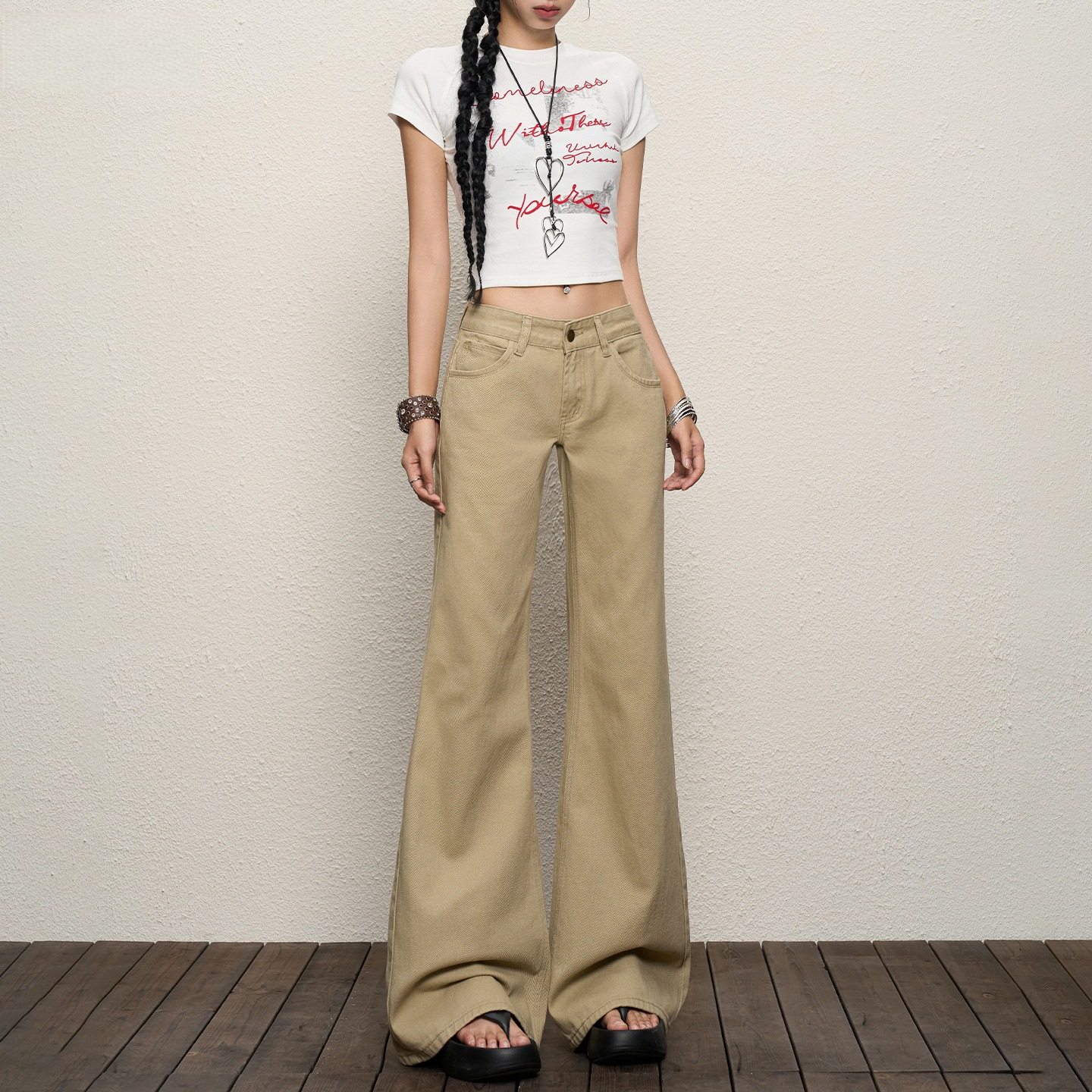 加绒加厚裤子女款冬牛仔裤微喇阔腿牛仔微喇裤女喇叭小个子卡其色