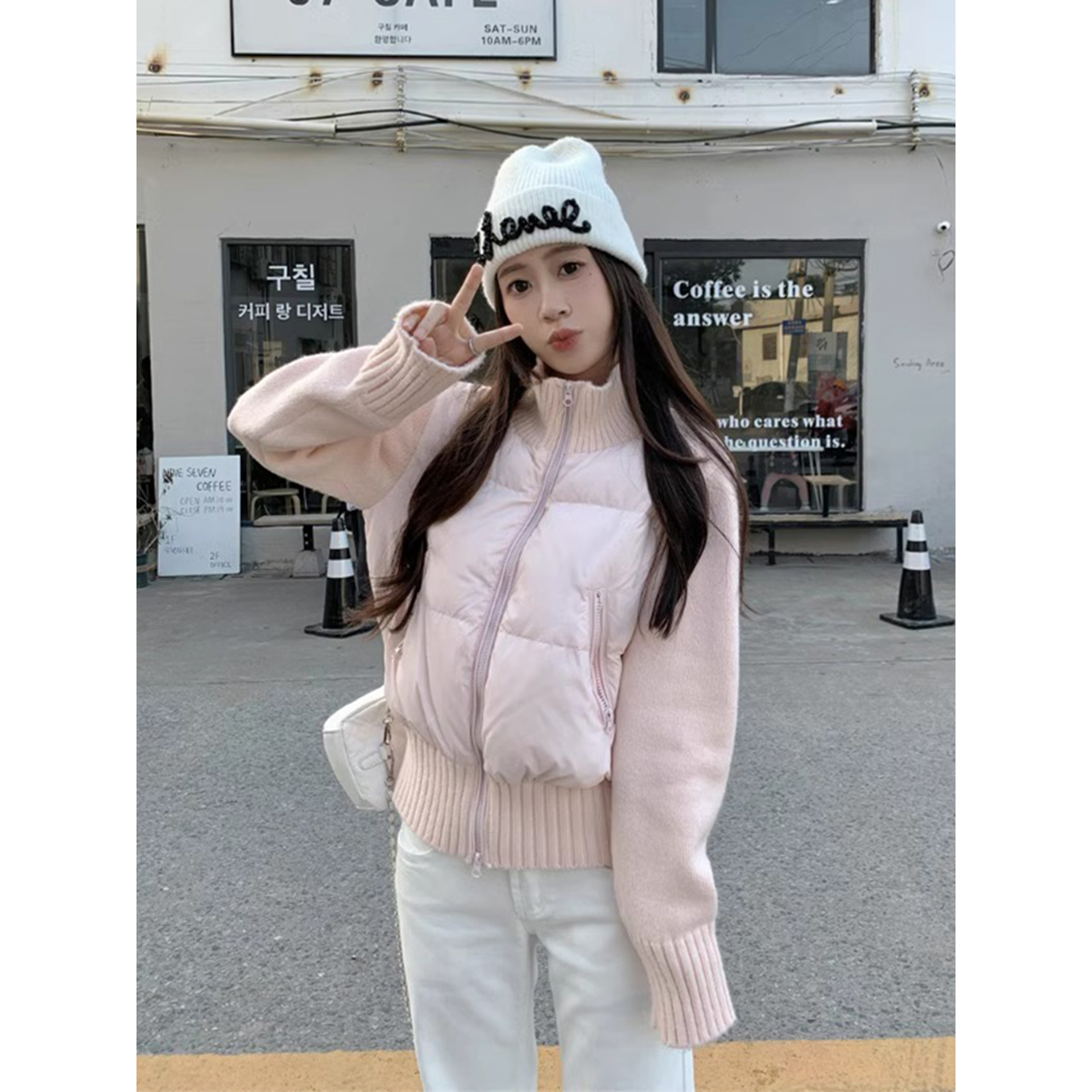 粉色减龄针织拼接羽绒棉服女秋冬季高级感气质小香风加厚棉衣外套