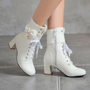 2025秋冬季新款侧拉链高跟女靴少女短靴粗跟马丁靴子短筒32-43码