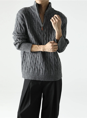 FOG EMMA复古麻花纹半高领拉链毛衣男秋冬季老钱风套头针织衫内搭