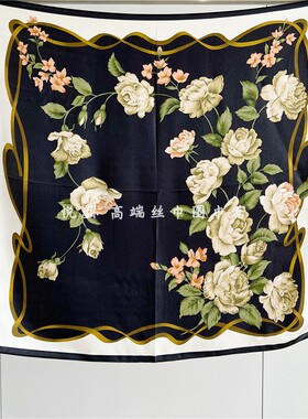 知性繁花黑色真丝丝巾女士秋冬季