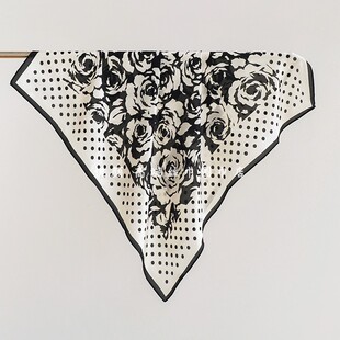 波点山茶花时尚百搭桑蚕丝围巾双绉丝巾春秋季法式真丝小方巾女65