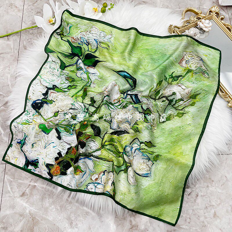 油画梵高白玫瑰气质绿色真丝丝巾女士桑蚕丝小方巾2024年新款送礼