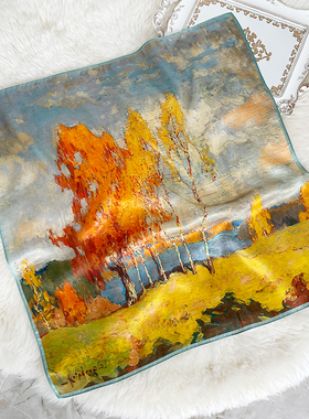 油画风橙色真丝丝巾女夏季薄款春秋送礼桑蚕丝围巾65cm百搭小方巾