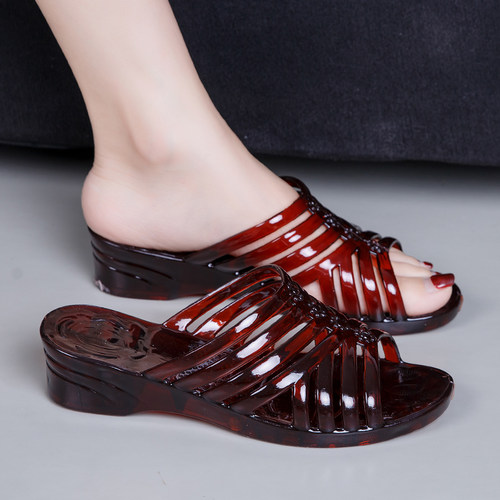 透明水晶妈妈塑料坡跟女拖鞋