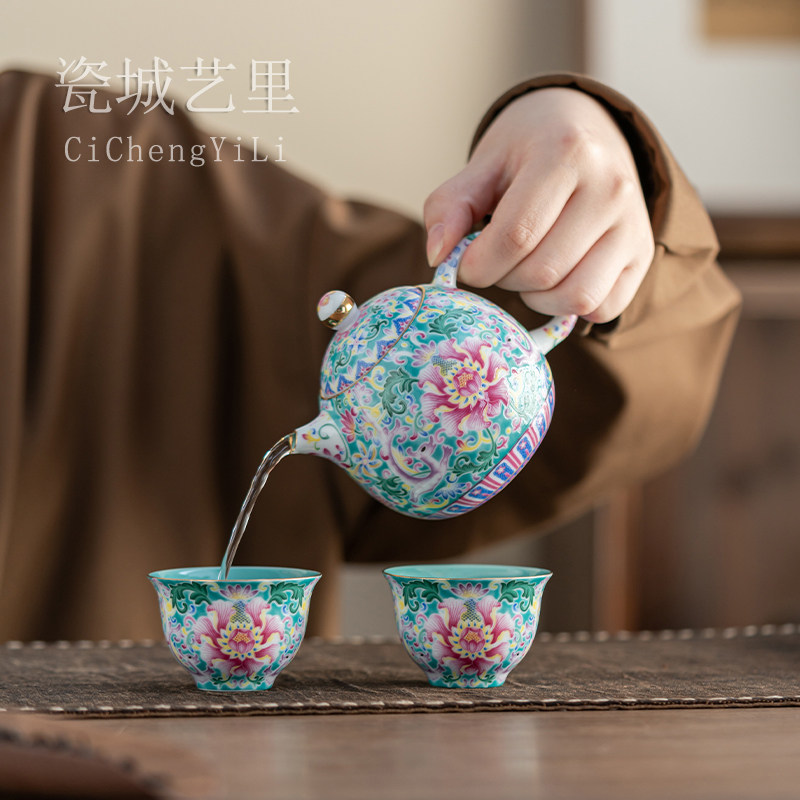 瓷城艺里珐琅彩万花描金泡茶壶图片
