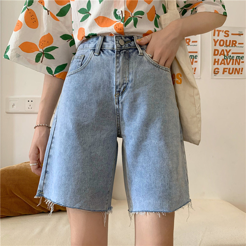 Denim shorts women's 2022 spring and summer Korean version new high waist straight tube loose Capri Pants thin hot pants