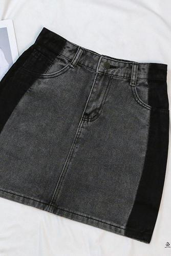Grey stitched denim skirt women's  summer new pear shaped slim high waist A-shaped skirt