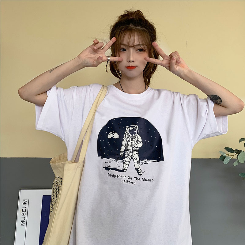 New Korean printed T-shirt women's round neck top trendy female student cotton