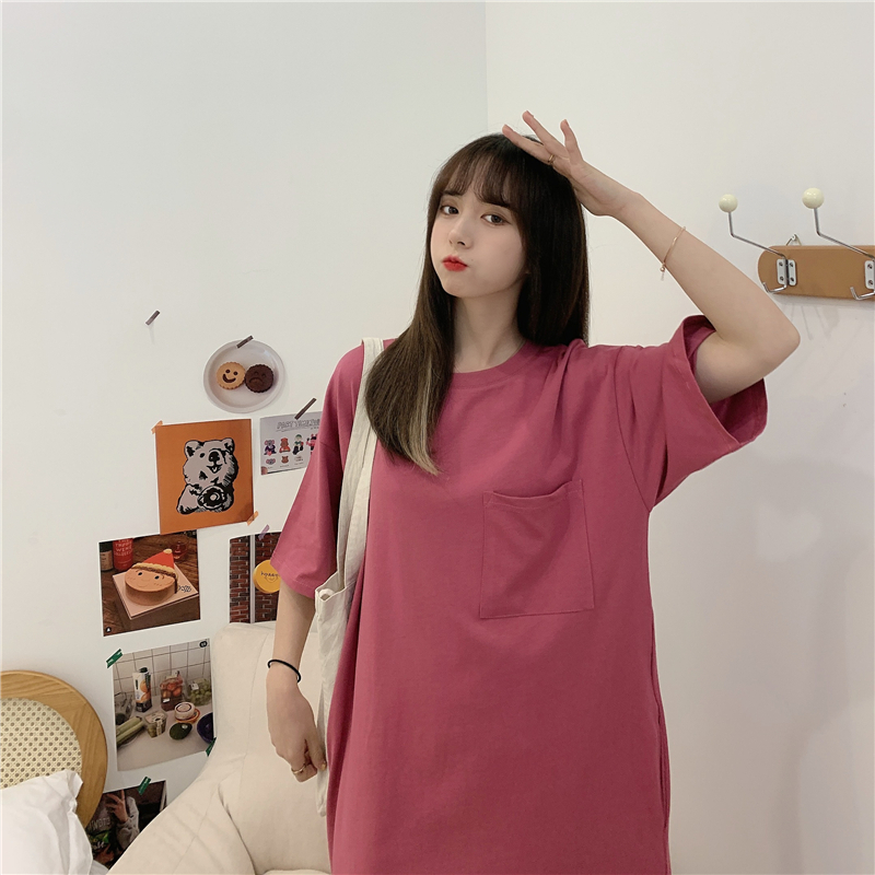 Real shot summer Korean Edition solid color pocket long T-shirt dress letter embroidery