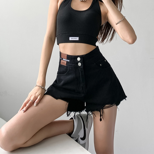 Black Denim Shorts women's summer 2022 new thin high waist slim loose A-line pants