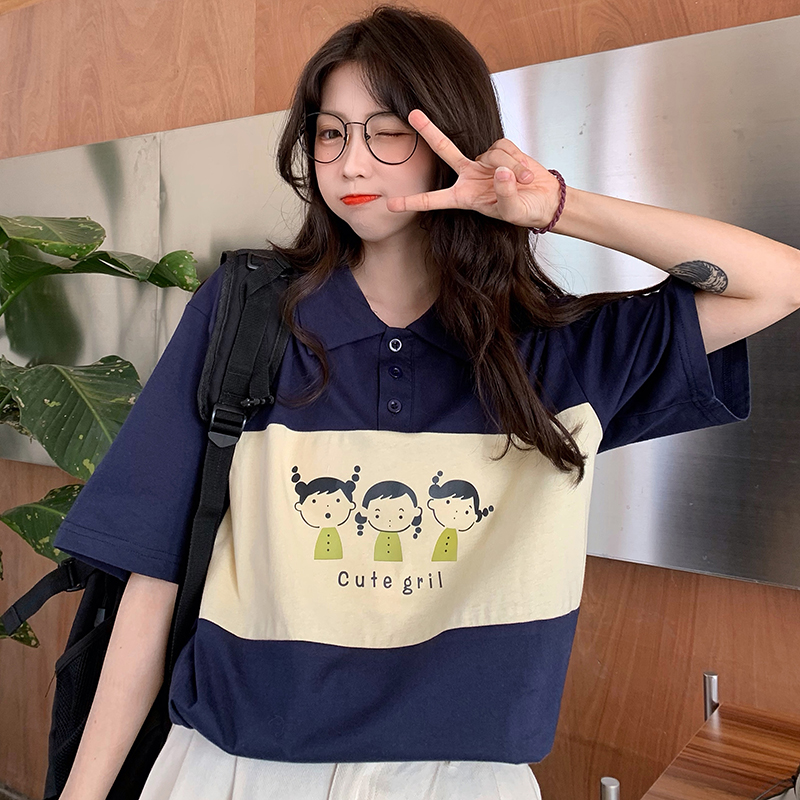 Real shooting summer new Korean color matching letter printed collar top women's fashion pull frame cotton