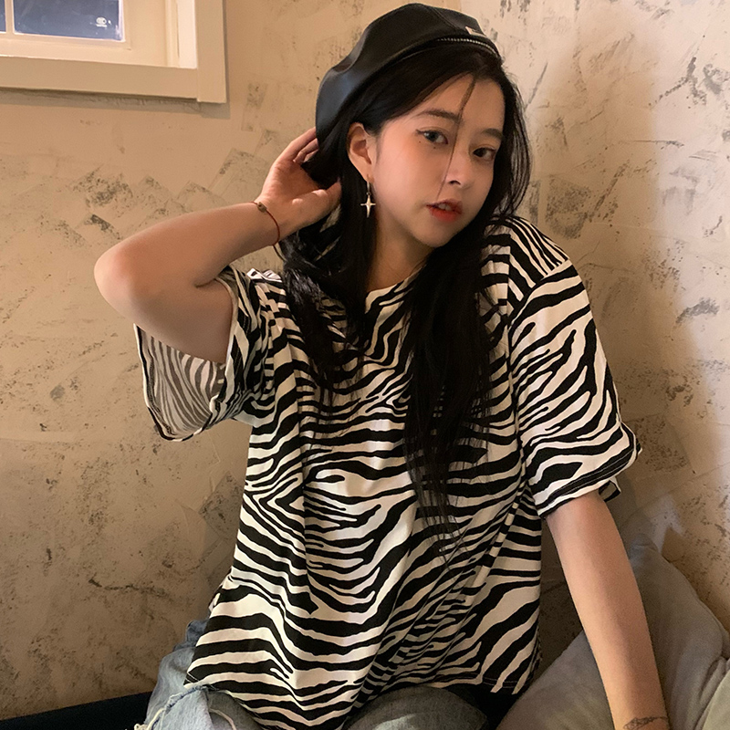 實拍年夏季韓版斑馬紋印花恤女短袖圓領上衣寬鬆棉