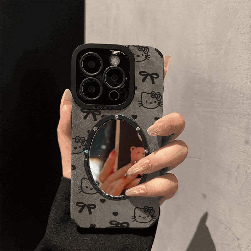 翻毛皮KT猫蝴蝶结14苹果15promax手机壳镜子iPhone16全包13软1211