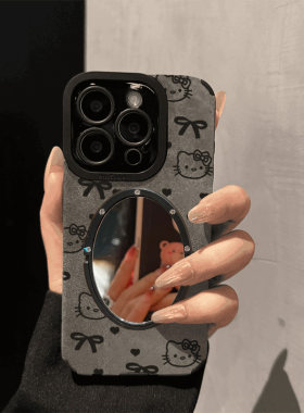 翻毛皮蝴蝶结KT猫16苹果17promax手机壳镜子iPhone15软14防摔13带支架12保护套11水钻卡通可爱