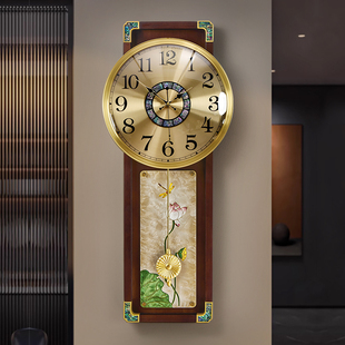 新中式客厅挂钟家用装饰壁钟中国风高端金属表挂墙实木静音石英钟