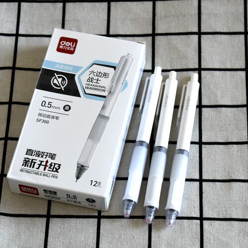 得力SF300六边形战士按动直液笔黑色0.5静音中性笔ST头速干刷题笔