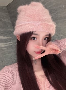 Eva君君酱纯欲甜美长毛软糯粉色渔夫毛线帽女百搭两戴兔毛堆堆帽