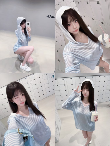 Eva君君酱韩系慵懒风条纹连帽长袖防晒罩衫t恤女宽松显瘦休闲上衣