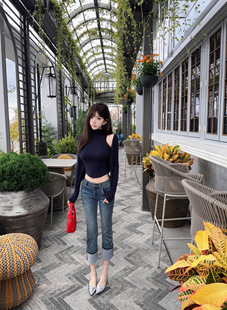Eva君君酱韩版复古高腰直筒卷边弹力包臀显瘦牛仔裤女百搭九分裤