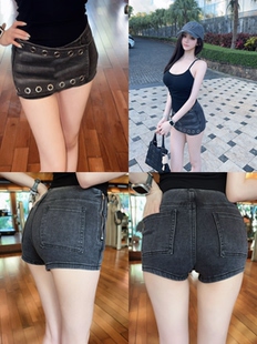 Eva君君酱美式复古辣妹铆钉拉链牛仔裙短裤女显瘦弹力包臀热裤韩