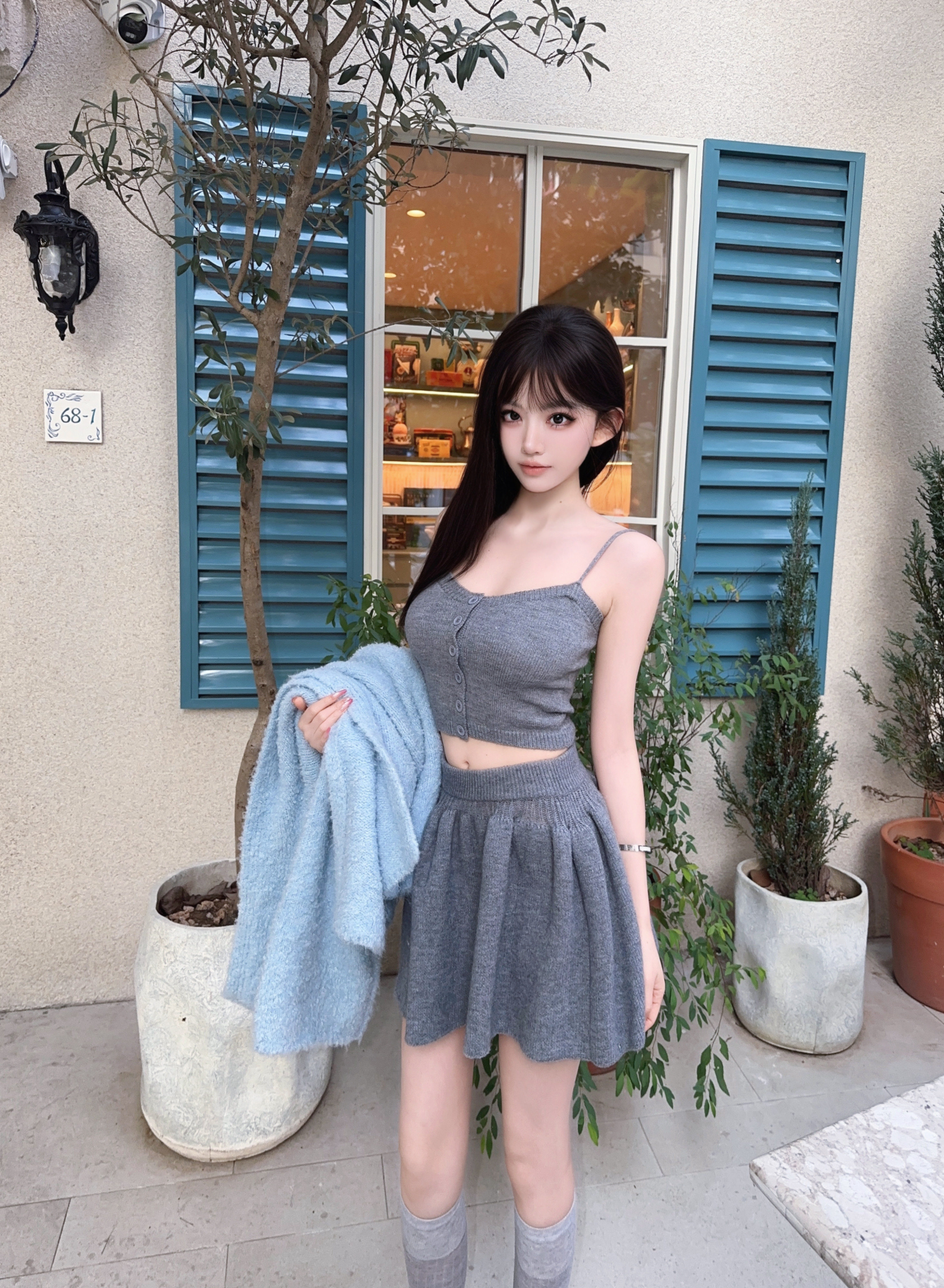 Eva君君酱百搭排扣针织吊带蓬安半身裙套装女显瘦气质甜美纯欲韩