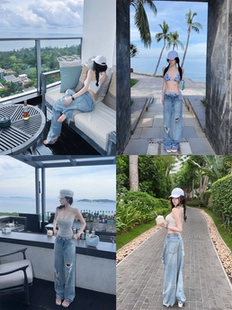 Eva君君酱慵懒风做旧破洞翻腰拖地牛仔裤女低腰显瘦休闲乞丐裤韩