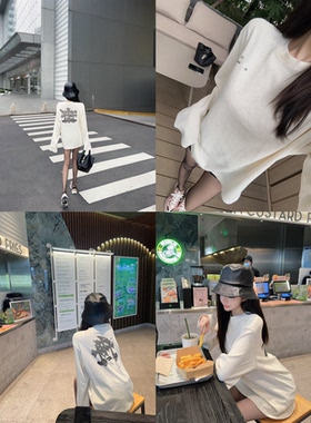Eva君君酱休闲慵懒风显瘦长袖圆领十字架梵文印花宽松卫衣t恤女韩