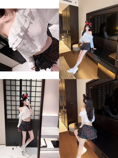 Eva君君酱韩系纯欲斜边露肩荷叶边长袖宽松衬衫女显瘦慵懒风上衣