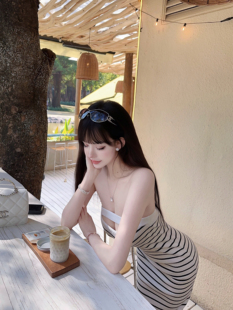 Eva君君酱条纹镂空抹胸针织包臀蕾丝裙尾连衣裙女显瘦开叉长裙韩