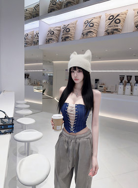 Eva君君酱性感辣妹设计感绑带蕾丝牛仔弹力抹胸女显瘦背心短上衣