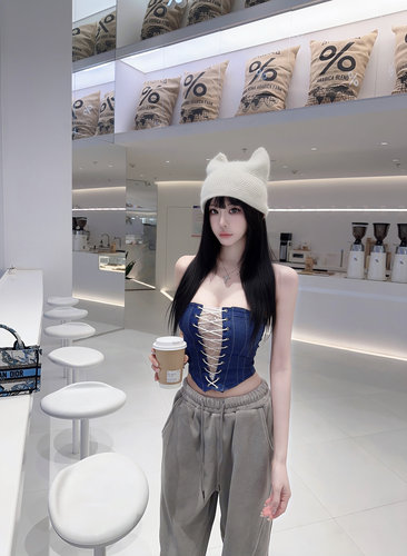 Eva君君酱性感辣妹设计感绑带蕾丝牛仔弹力抹胸女显瘦背心短上衣