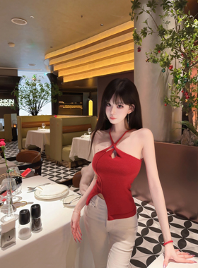 Eva君君酱小众镂空挂脖明线针织吊带背心女修身显瘦开叉性感上衣