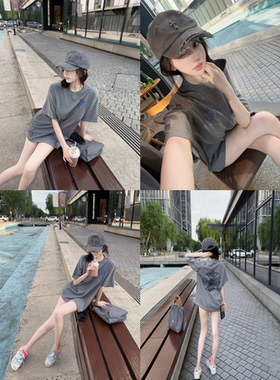 Eva君君酱马蹄十字梵文圆领休闲慵懒风短袖T女宽松显瘦百搭上衣韩