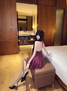 Eva君君酱纯欲性感辣妹网纱挂脖露背连衣裙女显瘦韩系紫色短裙
