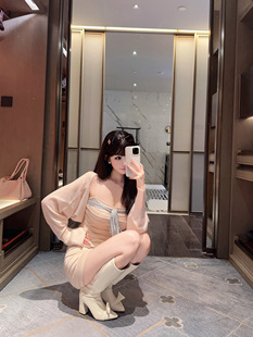 Eva君君酱纯欲甜美小众抹胸银丝绑带针织包臀裙长袖罩衫套装女韩