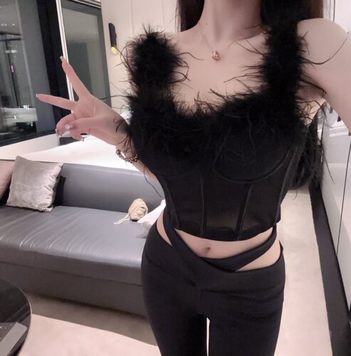 Eva君君酱辣妹性感鸵鸟毛吊带鱼骨美背文胸女显瘦百搭设计感背心