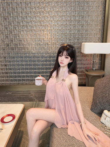 Eva君君酱纯欲气质雪纺网纱不规则下摆飘带露背挂脖吊带背心女韩