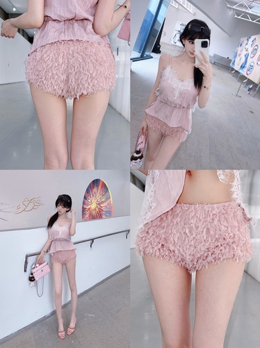 Eva君君酱辣妹性感纯欲流苏绒毛设计感低腰包臀超短裤女韩系热裤