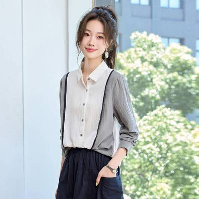 纯棉长袖衬衫女2025春秋新款高级感拼色爆款职业衬衣打底全棉上衣