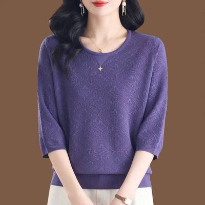 中年妈妈七分袖冰丝针织衫宽松遮肚上衣女士桑蚕丝t恤薄打底小衫