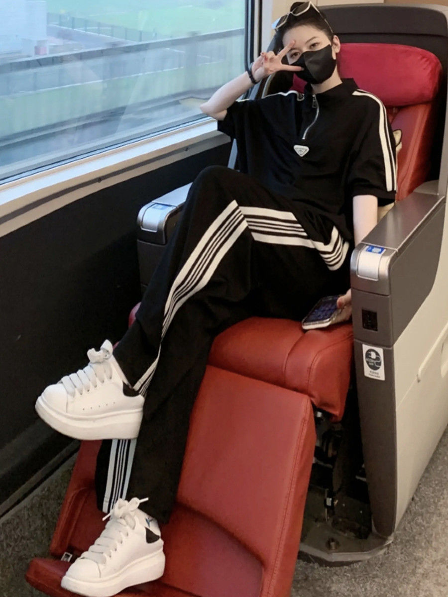 胖MM特大码300斤运动服休闲套装女夏季侧边条纹遮肉阔腿裤两件套2