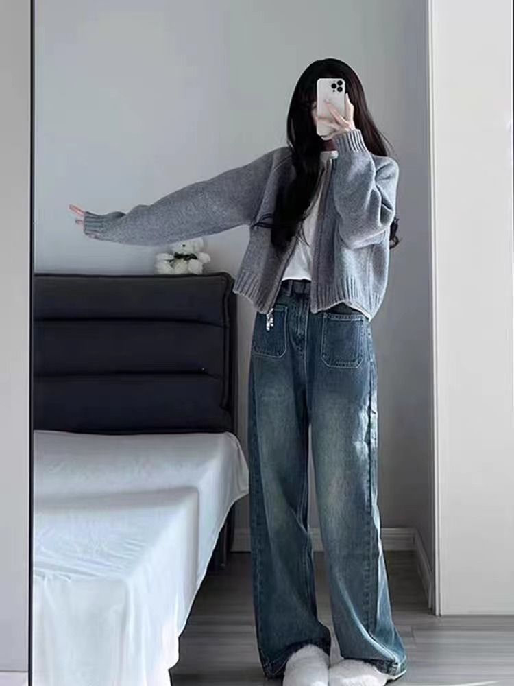 秋冬新款时尚两件套女灰色短款毛衣外套开衫休闲牛仔阔腿裤气质潮