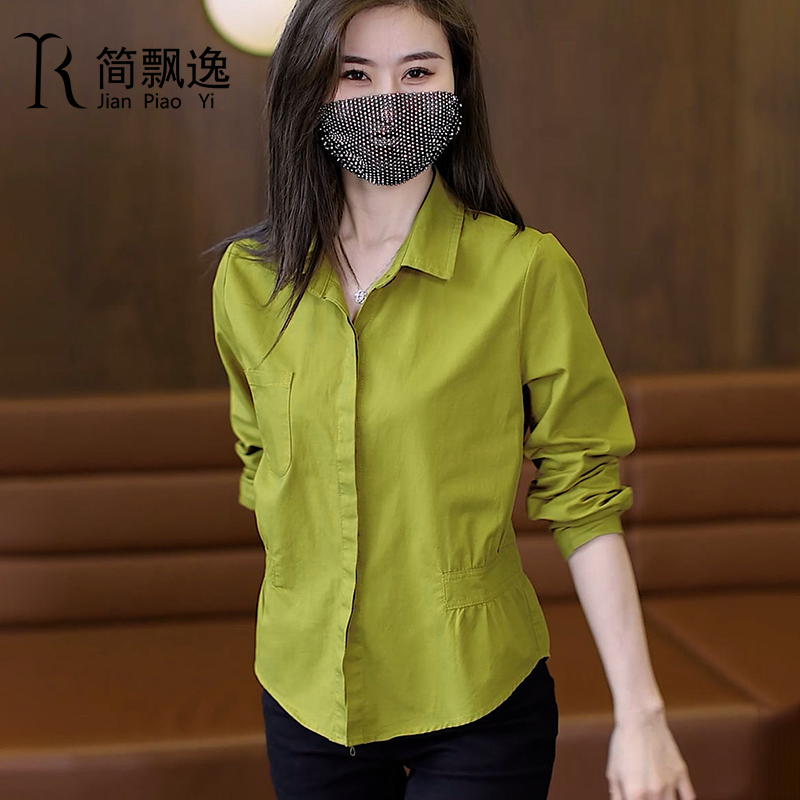纯棉衬衫女2023春秋装新款洋气质减龄遮肚子宽松拼接衬衣长袖上衣