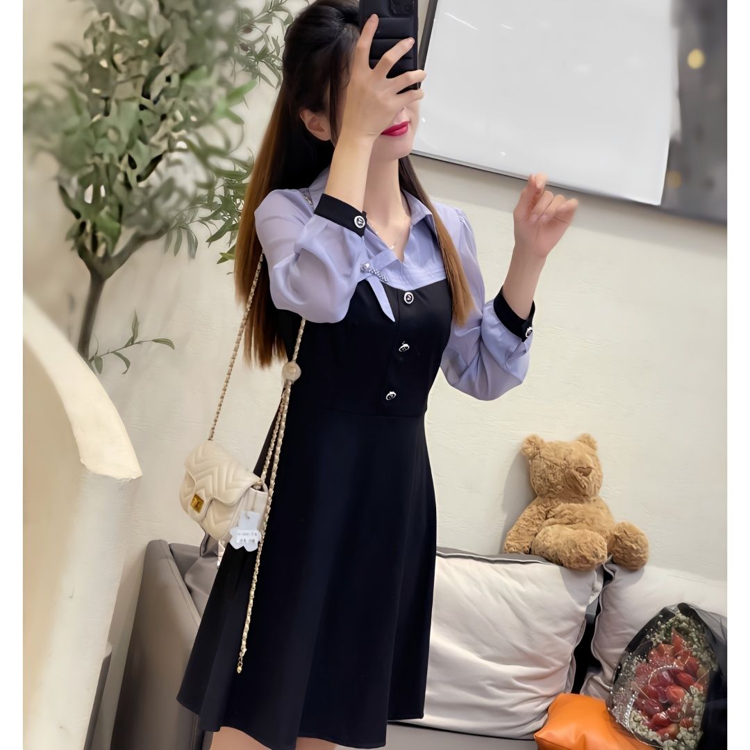 长袖连衣裙女装秋季2022新款气质名媛高端女神范小个子假两件裙子