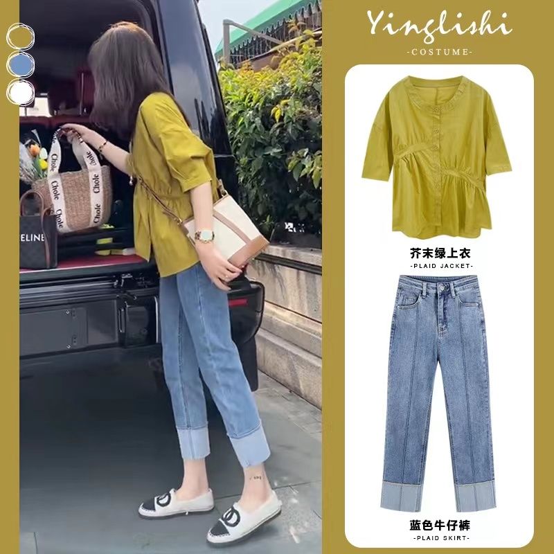 大码女装夏季套装女2023新款遮肉显瘦不对称短袖衬衫牛仔裤两件套
