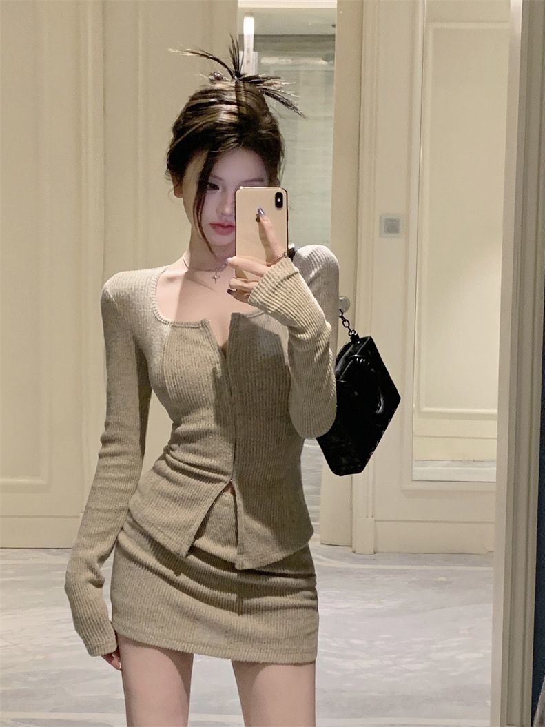 REUP套装女秋冬修身显瘦开衫长袖上衣高腰半身裙温柔风气质两件套